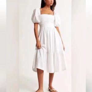 Abercrombie & Fitch White Midi Dress with Puff Sleeves